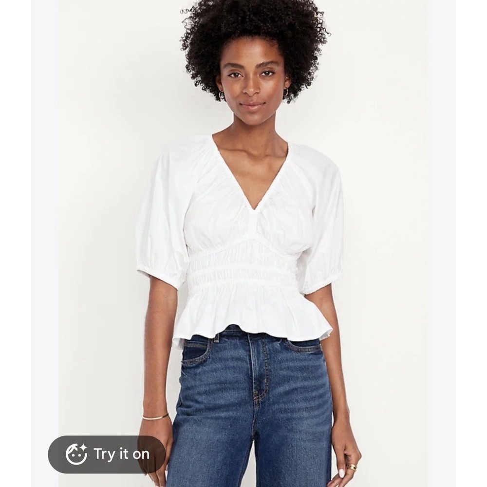 Old Navy White 100% Cotton Smocked V-Neck Puff Sleeve Peplum Top Size S Boho